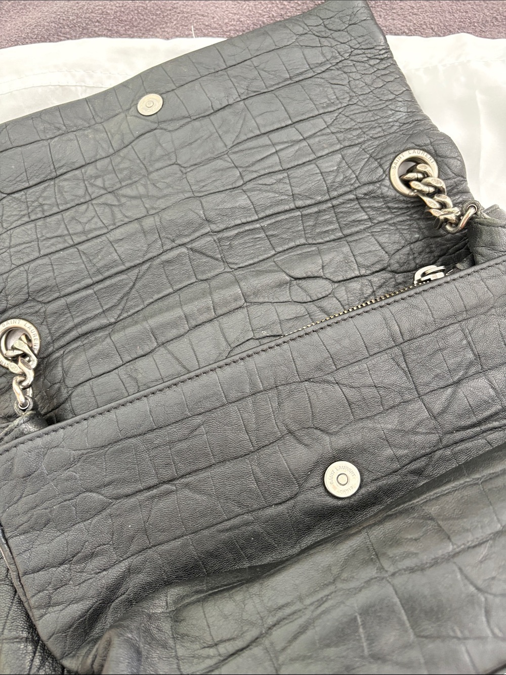 Saint Laurent Black Croc-Textured Leather Shoulder Bag with Silver YSL Hardware - Picture 3 of 10
